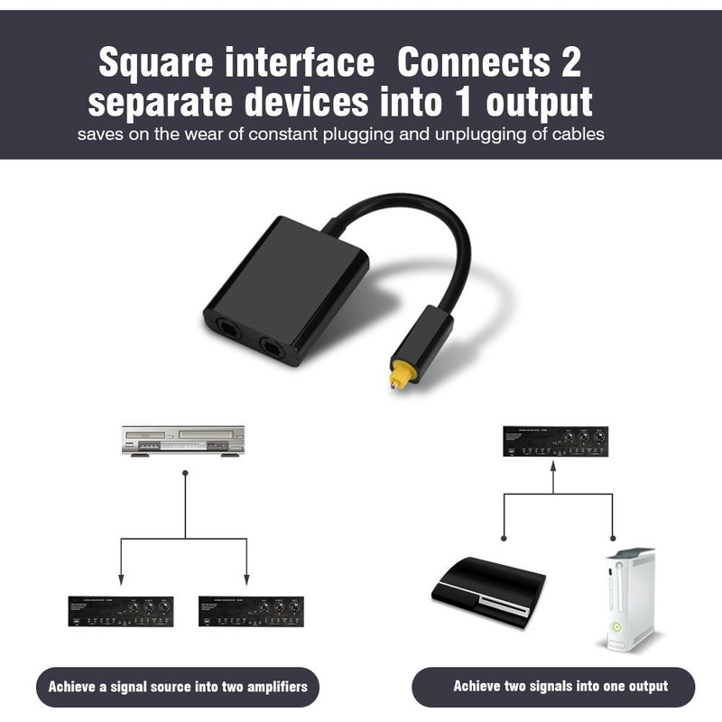 Oumij Dual Port Fiber Audio Splitter, 2 Way Optical Splitter Adapter with Audio Cable 1in 2 Out (Black) - Image 2